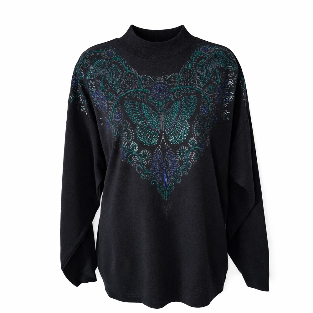 Vintage 90s GRACE Butterfly Graphic Sweater Black Mock Neck Medium whimsigoth